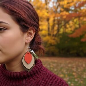 ARTISAN & HANDCRAFTED 2.5" Wood Lead Tiered Dangle Pierced Earrings W/ Tassles
